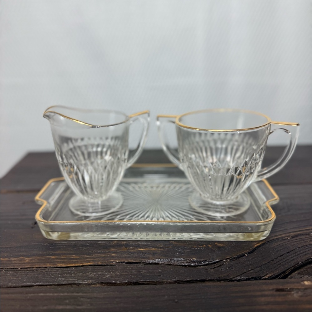 Jeannette Clear Glass Creamer and Sugar Set with Gold Trim - Home Dining